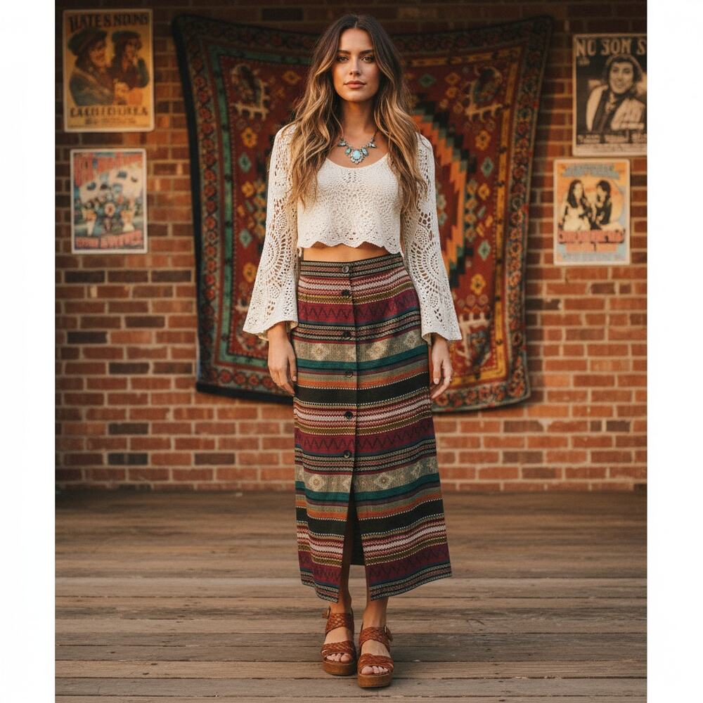 Vintage 1970s Woven Western Skirt – Button Front